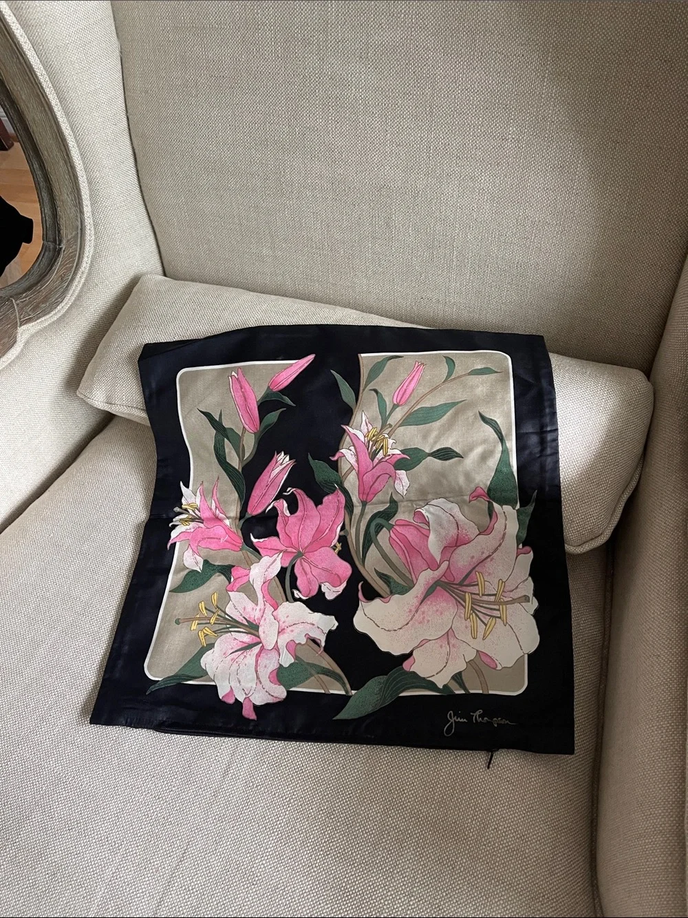 Jim Thompson SILK Floral Lily Accent Pillow Cover with Black Border